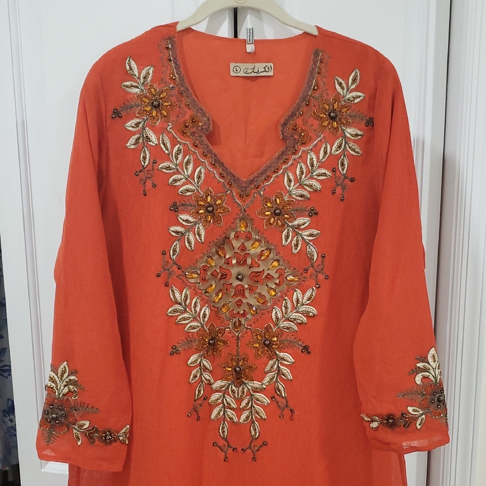 Elegant Orange Embroidered Maxi Dress New Without Tag Lined inside.